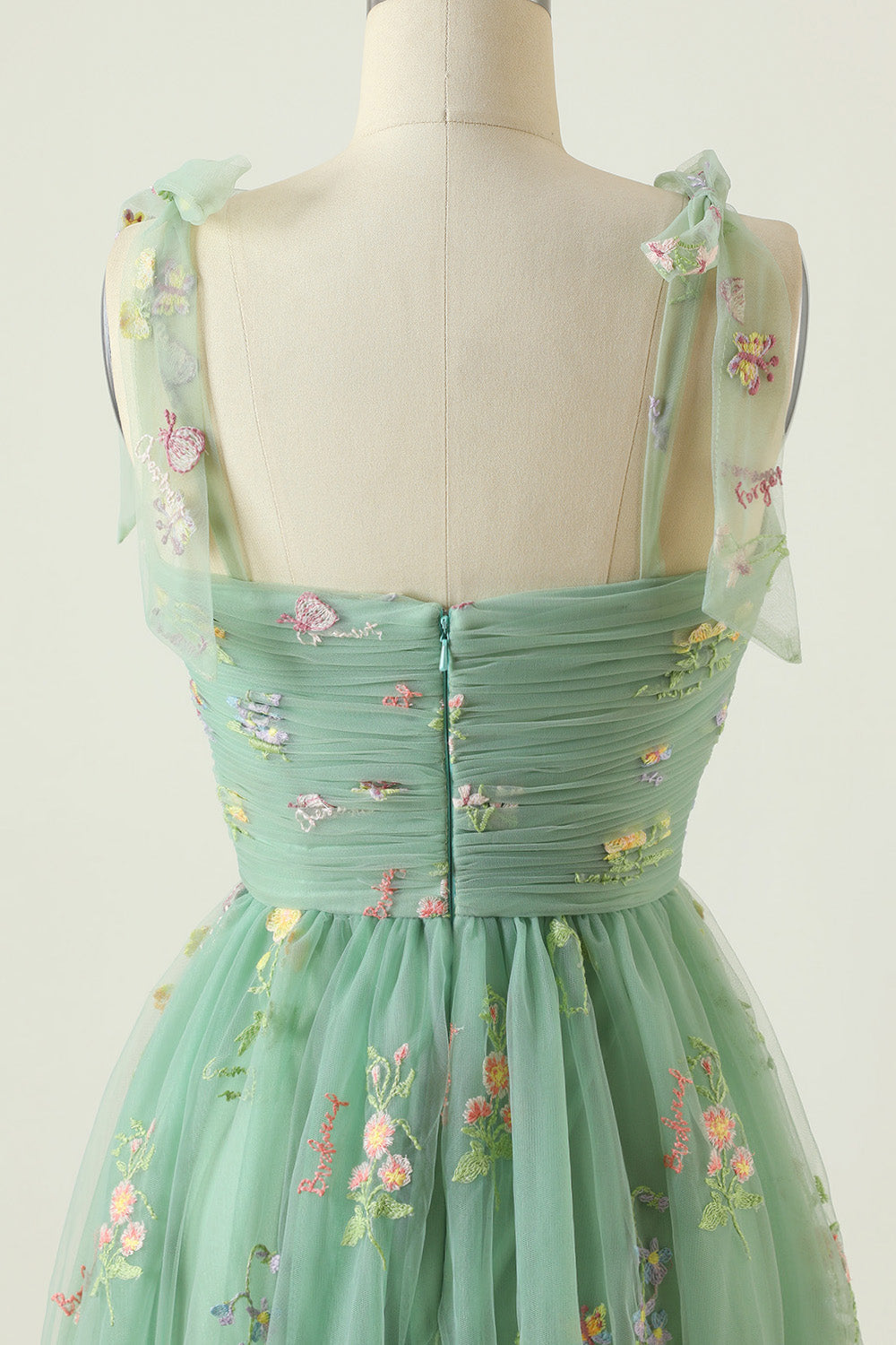 Floral Embroidery Tying Straps Pleated Long Party Dress