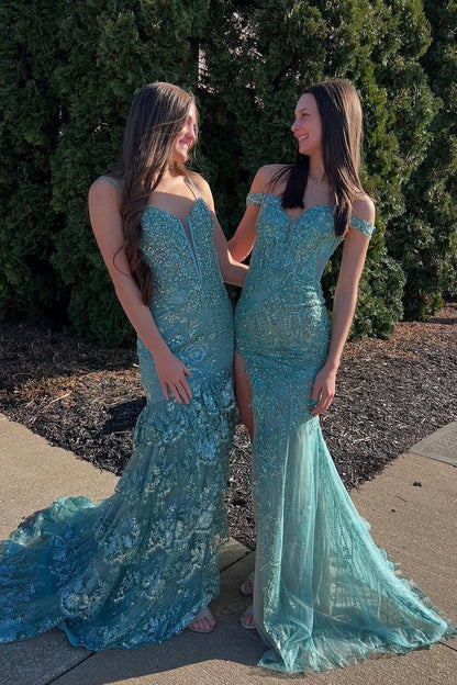 Green Off the Shoulder Mermaid Sequin Lace Long Prom Dress with Slit