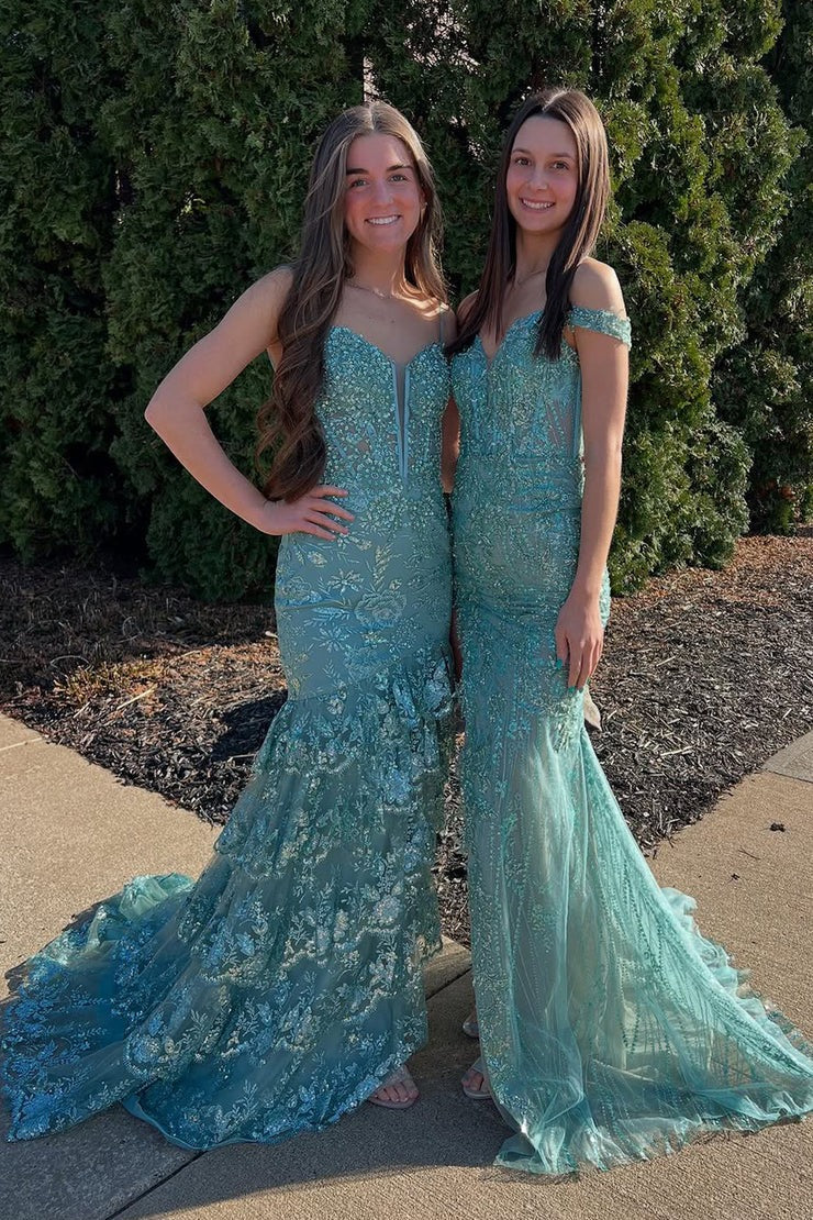 Green Off the Shoulder Mermaid Sequin Lace Long Prom Dress with Slit