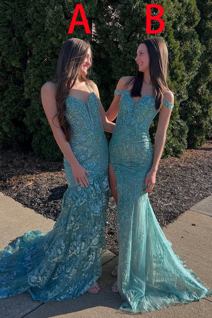 Green Off the Shoulder Mermaid Sequin Lace Long Prom Dress with Slit