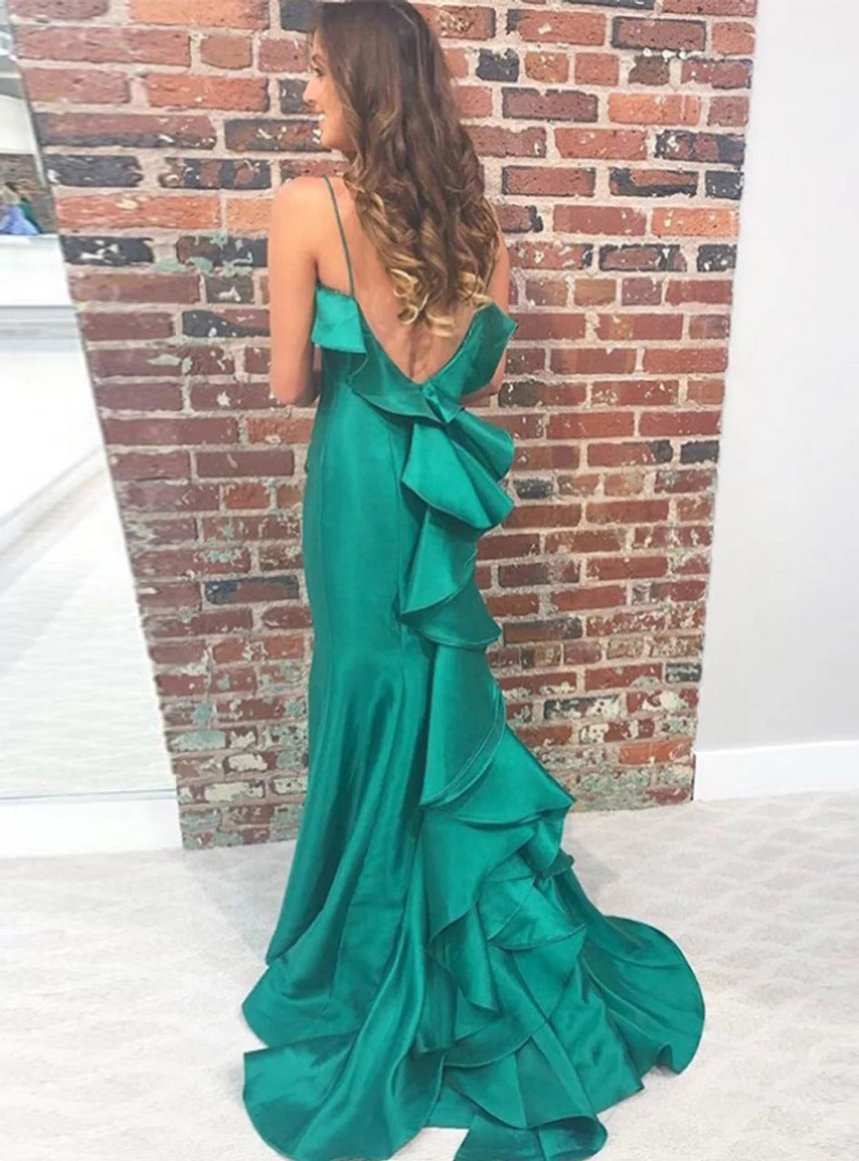 Green Spaghetti Straps Mermaid Satin Long Prom Dress with Ruffles