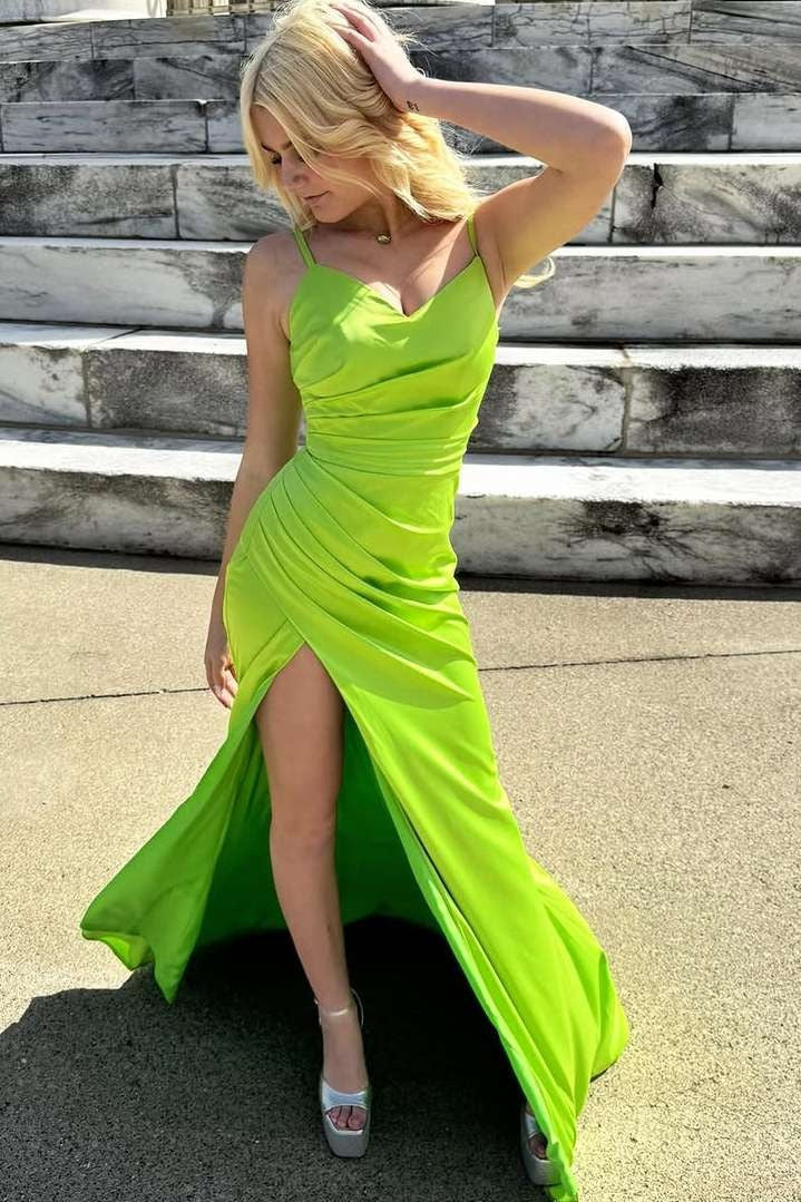 Green Spaghetti Straps Satin Long Prom Dress with Slit