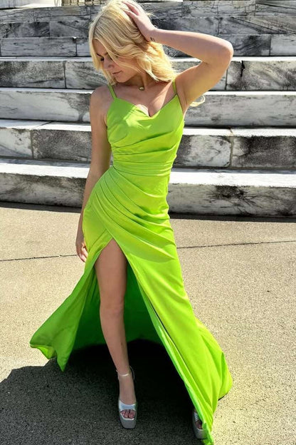 Green Spaghetti Straps Satin Long Prom Dress with Slit