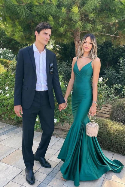 Green Spaghetti Straps Satin Mermaid Long Prom Dress