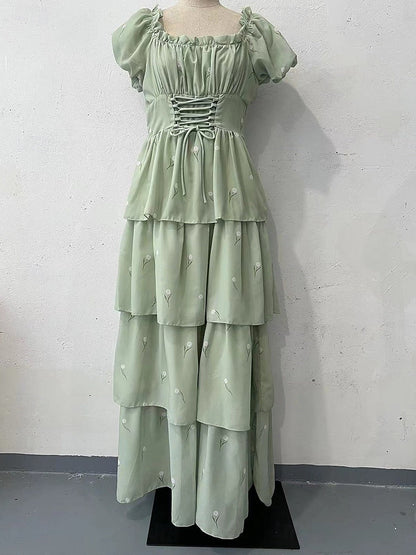 Green Square Neck Ruffled Long Prom Dress with Puff Sleeves