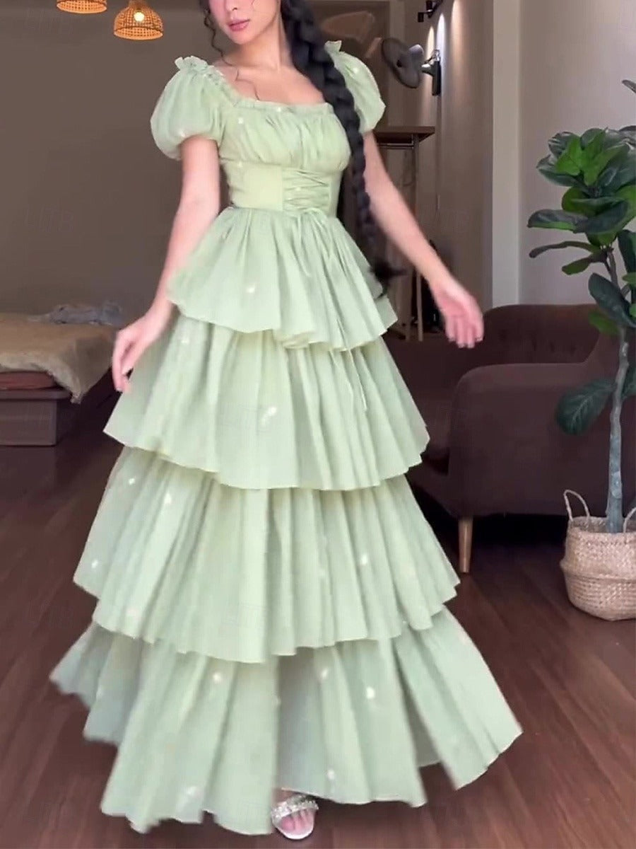 Green Square Neck Ruffled Long Prom Dress with Puff Sleeves