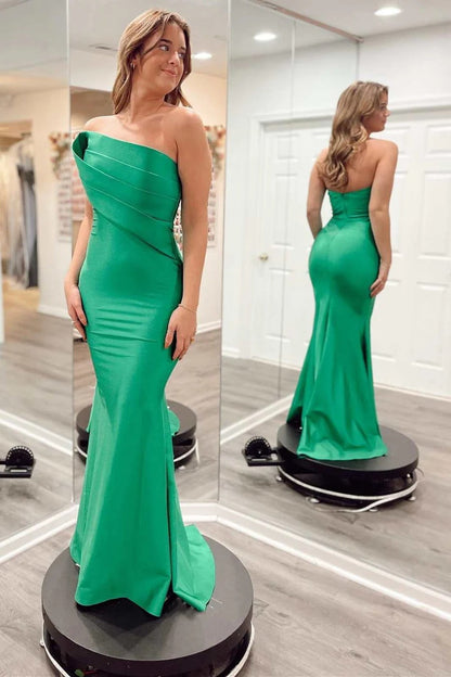 Green Strapless Ruched Mermaid Long Prom Dress