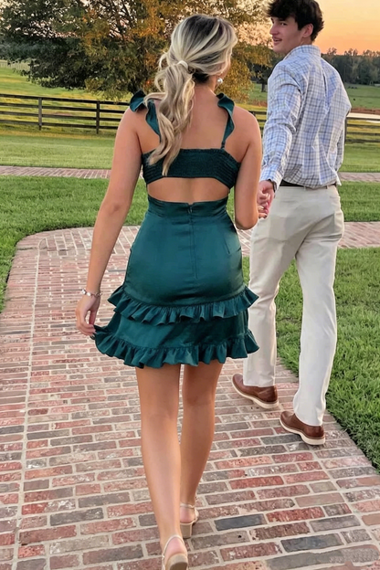 Green Straps V-Neck Sleeveless Satin Ruffles Short Homecoming Dress