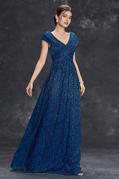 Grey Blue A-Line V-Neck Long Maxi Mother of the Bride Dress With Pleated