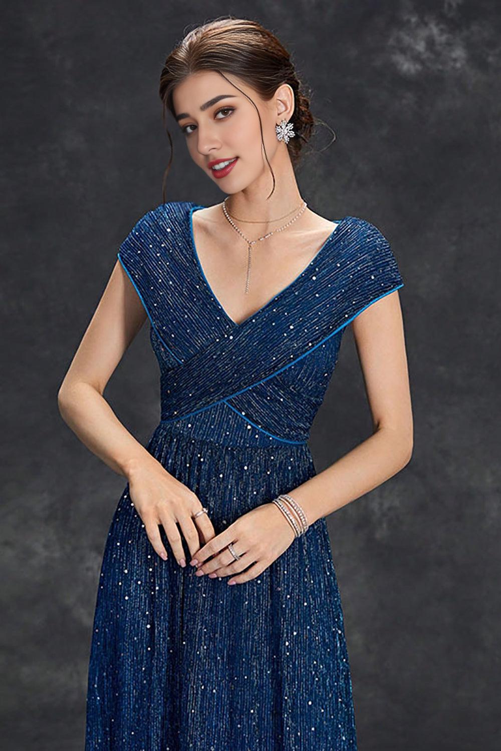 Grey Blue A-Line V-Neck Long Maxi Mother of the Bride Dress With Pleated