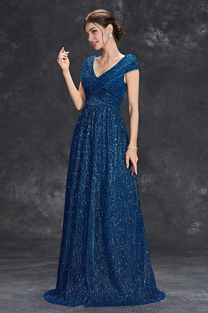 Grey Blue A-Line V-Neck Long Maxi Mother of the Bride Dress With Pleated
