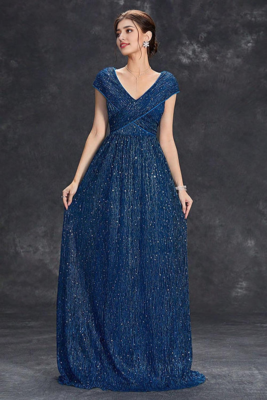 Grey Blue A-Line V-Neck Long Maxi Mother of the Bride Dress With Pleated