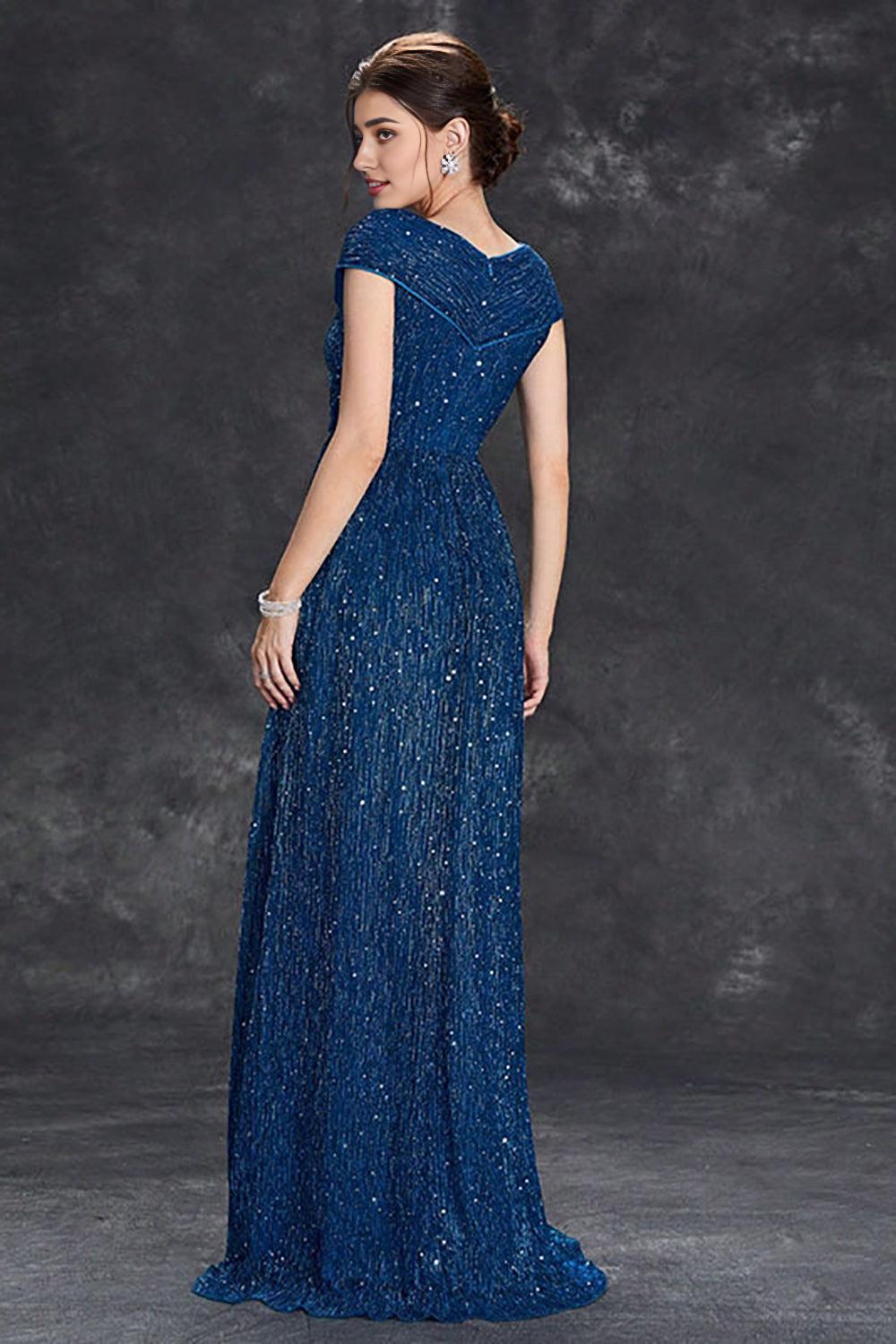 Grey Blue A-Line V-Neck Long Maxi Mother of the Bride Dress With Pleated