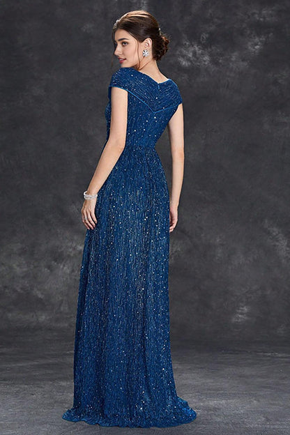 Grey Blue A-Line V-Neck Long Maxi Mother of the Bride Dress With Pleated