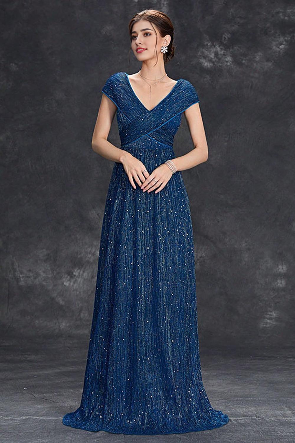 Grey Blue A-Line V-Neck Long Maxi Mother of the Bride Dress With Pleated