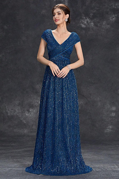 Grey Blue A-Line V-Neck Long Maxi Mother of the Bride Dress With Pleated