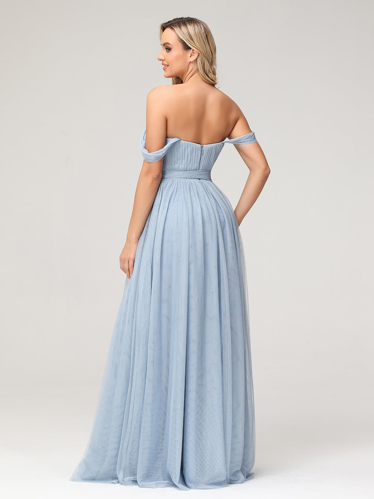 Princess Off Shoulder Tulle Dresses with Sash Bow-Dusty Blue