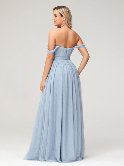Princess Off Shoulder Tulle Dresses with Sash Bow-Dusty Blue