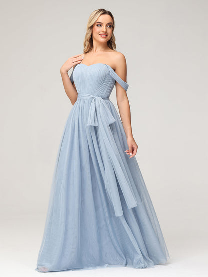 Princess Off Shoulder Tulle Dresses with Sash Bow-Dusty Blue
