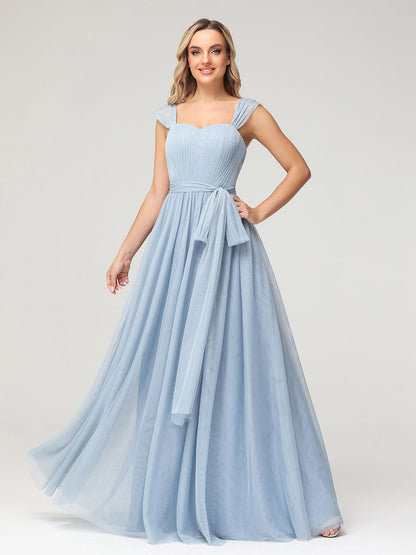 Princess Off Shoulder Tulle Dresses with Sash Bow-Dusty Blue