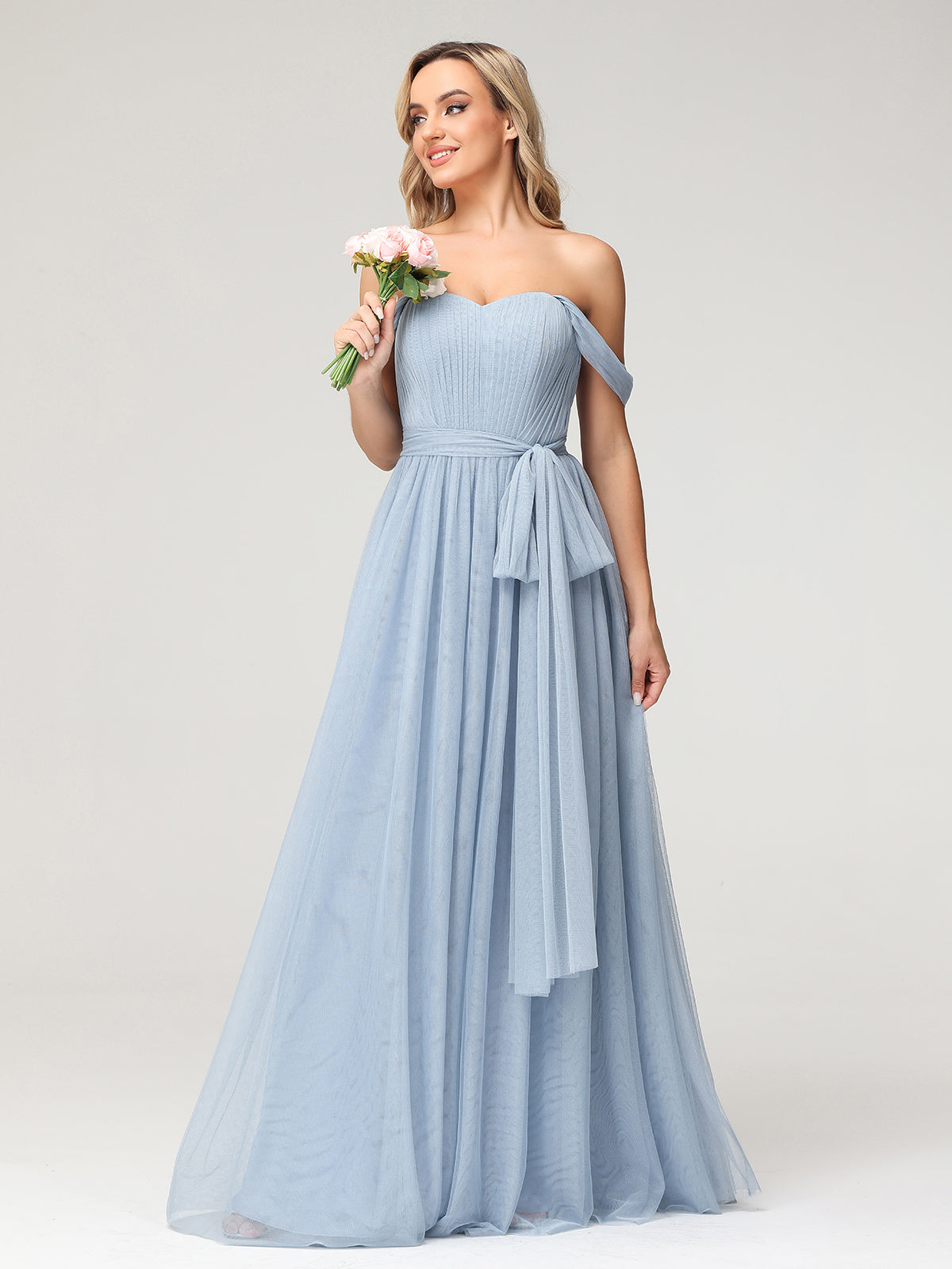 Princess Off Shoulder Tulle Dresses with Sash Bow-Dusty Blue