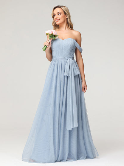 Princess Off Shoulder Tulle Dresses with Sash Bow-Dusty Blue