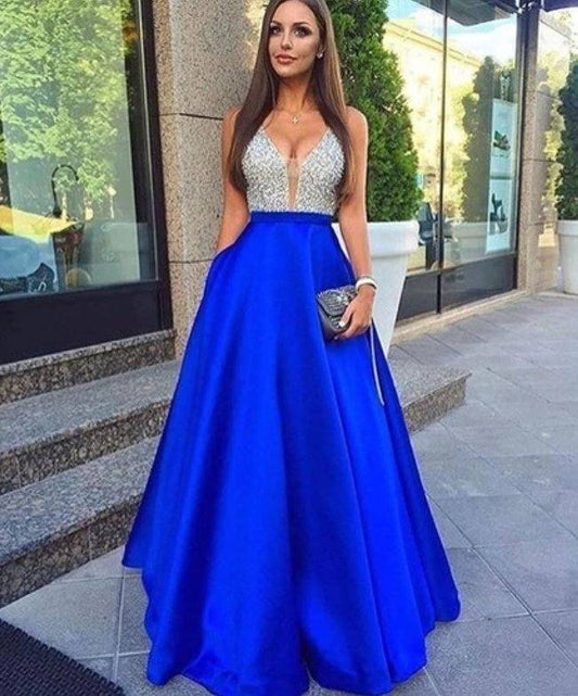 Royal Blue Robe De Soiree A-line Deep V-neck Tulle Beaded Crystals Sexy Long Party Prom Dresses Prom Gown Evening Dresses - RongMoon