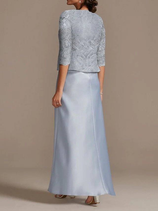 Sheath / Column Mother of the Bride Dress Elegant Scoop Neck Floor Length Polyester 3/4 Length Sleeve with Lace - RongMoon