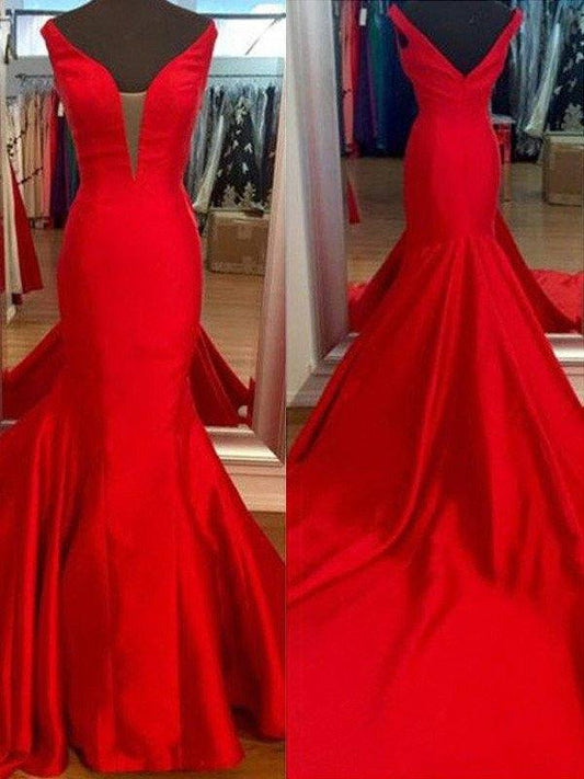 Trumpet/Mermaid V-neck Sleeveless Satin Sweep/Brush Train Dresses - RongMoon