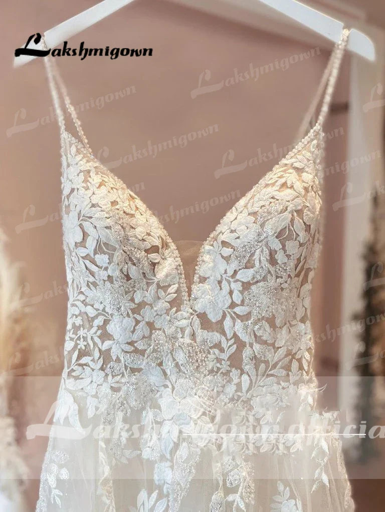 Vestido Novia Spaghetti Straps Lace Wedding Dress Tulle Gown