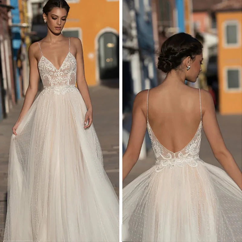 Eightree Beach Wedding Dress Boho Lace Backless Gown Customized