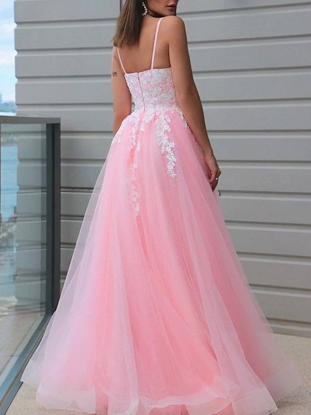 A-Line Empire Sexy Engagement Prom Dress V Neck Sleeveless Floor Length Lace Tulle with Appliques - RongMoon