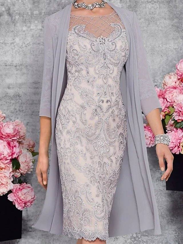 Two Piece Sheath / Column Mother of the Bride Dress Elegant Illusion Neck Knee Length Lace 3/4 Length Sleeve with Embroidery - RongMoon