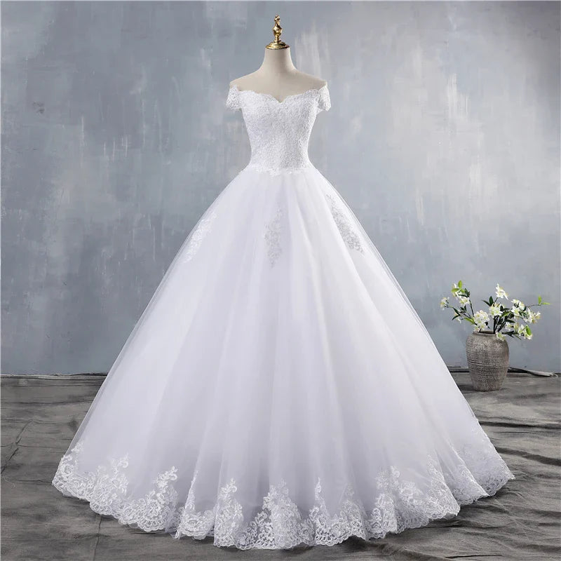 ZJ9143 Lace Appliques Ball Gown Off The Shoulder Bridal Dress