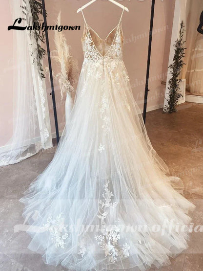 Vestido Novia Spaghetti Straps Lace Wedding Dress Tulle Gown