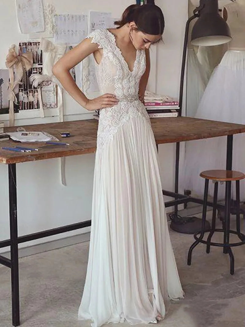 Boho V Neck Wedding Dresses Chiffon Bohemian Gowns Elegant A Line Customized