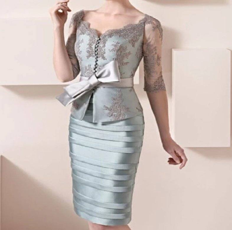 Elegant Mother Of The Bride Dresses Sheath Half Sleeves Lace Bow Short Wedding Party Dress Mother Dresses For Wedding - RongMoon