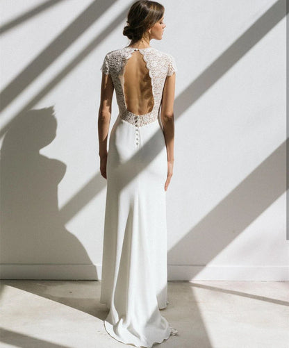 Vintage Boho Wedding Dress Short Sleeve Mermaid Backless Lace Train