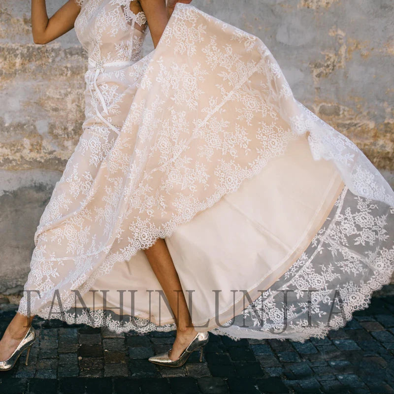 Customized Vintage Champagne Lace Bohemian Wedding Dress A Line Cap Sleeve Sexy Backless Bridal Gown