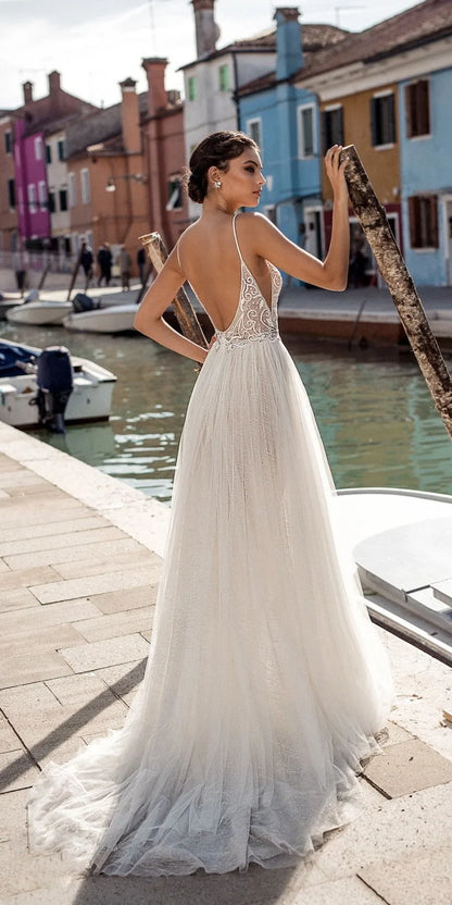 Customized Beach Tulle Wedding Dresses Boho Side Split A-Line