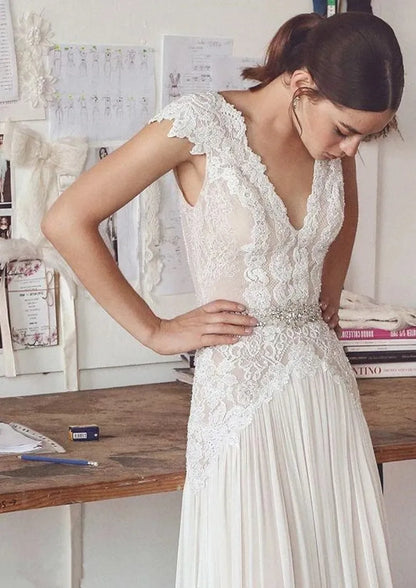Boho V Neck Wedding Dresses Chiffon Bohemian Gowns Elegant A Line Customized