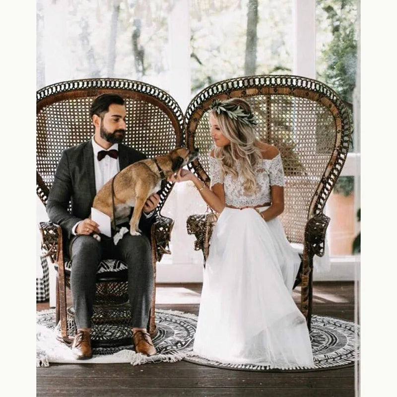 Charming Customized Boho Wedding Gowns Lace Two Pieces Top Bateau Neckline Beach Bride Dresses