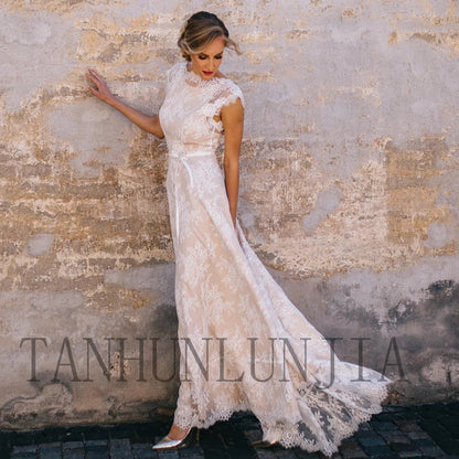 Customized Vintage Champagne Lace Bohemian Wedding Dress A Line Cap Sleeve Sexy Backless Bridal Gown