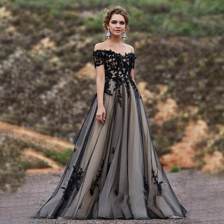 Off the Shoulder Short Sleeves Lace Applique A-line Wedding Dress