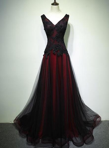 Gorgeous Black And Red V-Neckline Tulle Beaded Prom Dress, Long Evening Dress c2542