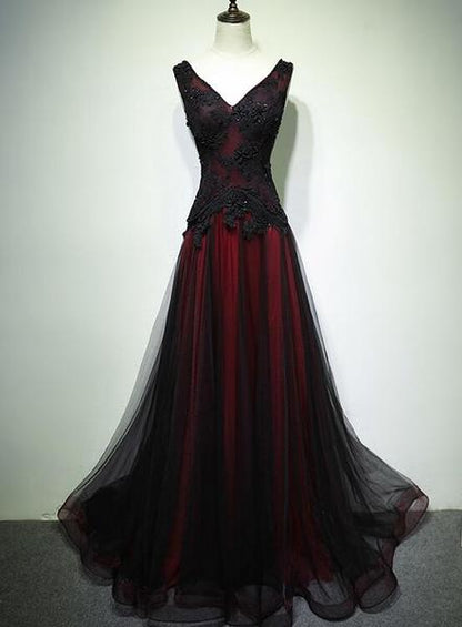 Gorgeous Black And Red V-Neckline Tulle Beaded Prom Dress, Long Evening Dress c2542