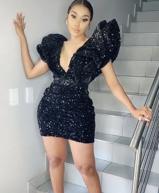 Black Sequins Short Homecoming Dress V Neck Party Dress c3295