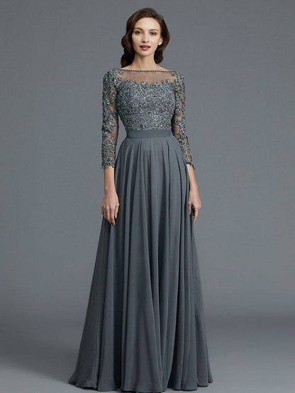 A-Line/Princess 3/4 Sleeves Bateau Floor-Length Chiffon Mother of the Bride Dresses - RongMoon