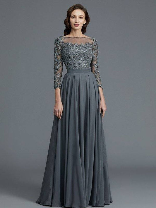 A-Line/Princess 3/4 Sleeves Bateau Floor-Length Chiffon Mother of the Bride Dresses - RongMoon