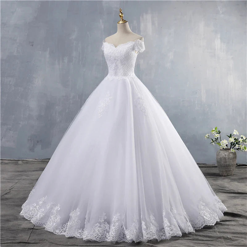 ZJ9143 Lace Appliques Ball Gown Off The Shoulder Bridal Dress